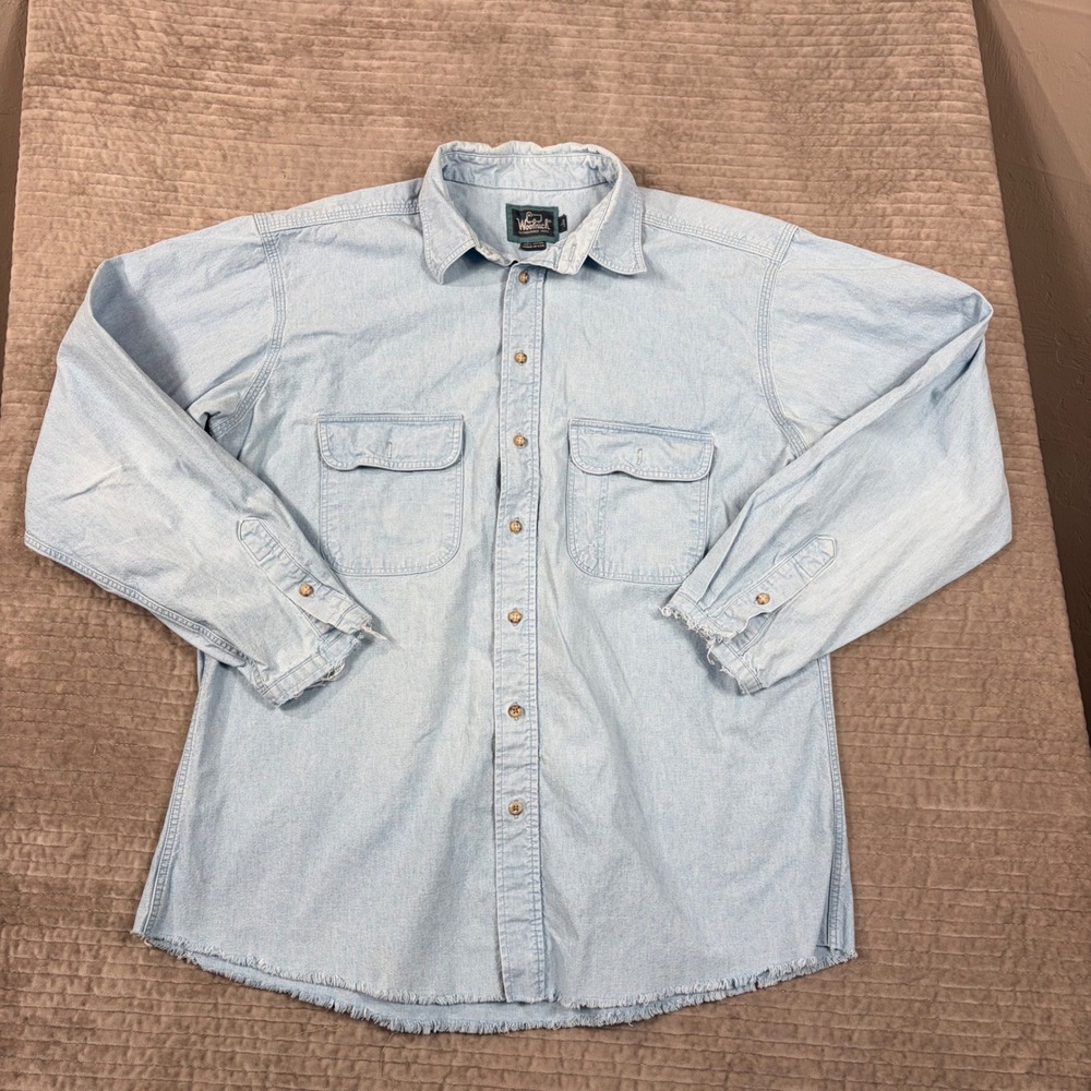 Vintage Woolrich Denim Shirt Mens Large Long Light Wash Blue Made in USA Frayed